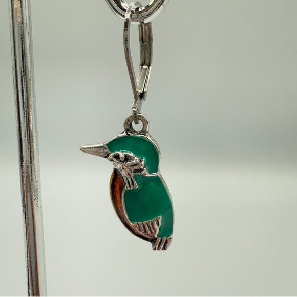 Green and Silver Kingfisher Earrings with Leverback Design - Picture 7 of 7